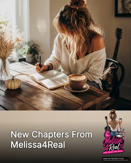 A woman with her hair in a loose bun writes in a notebook at a wooden table beside a latte and a small white pumpkin, under the headline New Chapters From Melissa4Real and the Melissa4Real logo