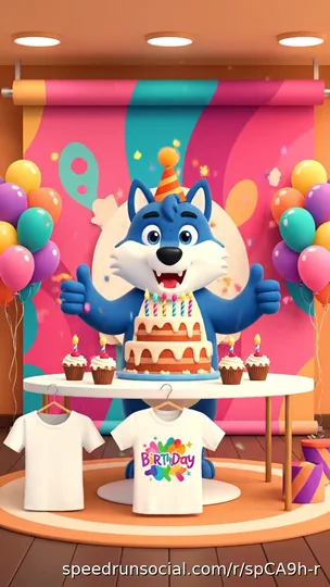Frame from a reel: a cartoon fox in a party hat gives two thumbs up behind a birthday cake, with balloons, a painted backdrop and a T-shirt printed with the word Birthday