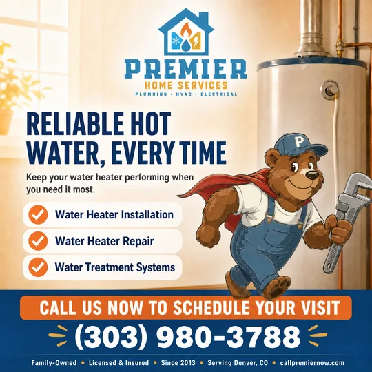 Illustrated flyer with the Premier Home Services logo, a cartoon bear in overalls carrying a pipe wrench past a water heater, the headline Reliable Hot Water, Every Time, three services and a call to book
