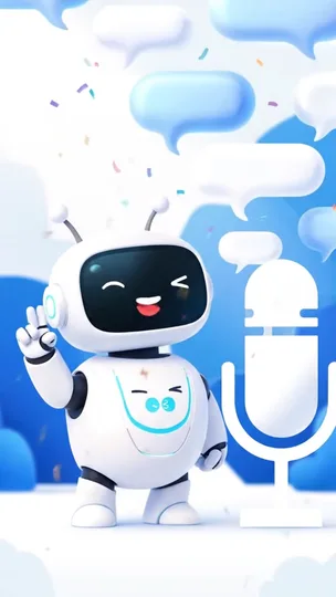 Frame from a reel: a smiling white cartoon robot makes a peace sign beside a large microphone, with speech bubbles floating behind it