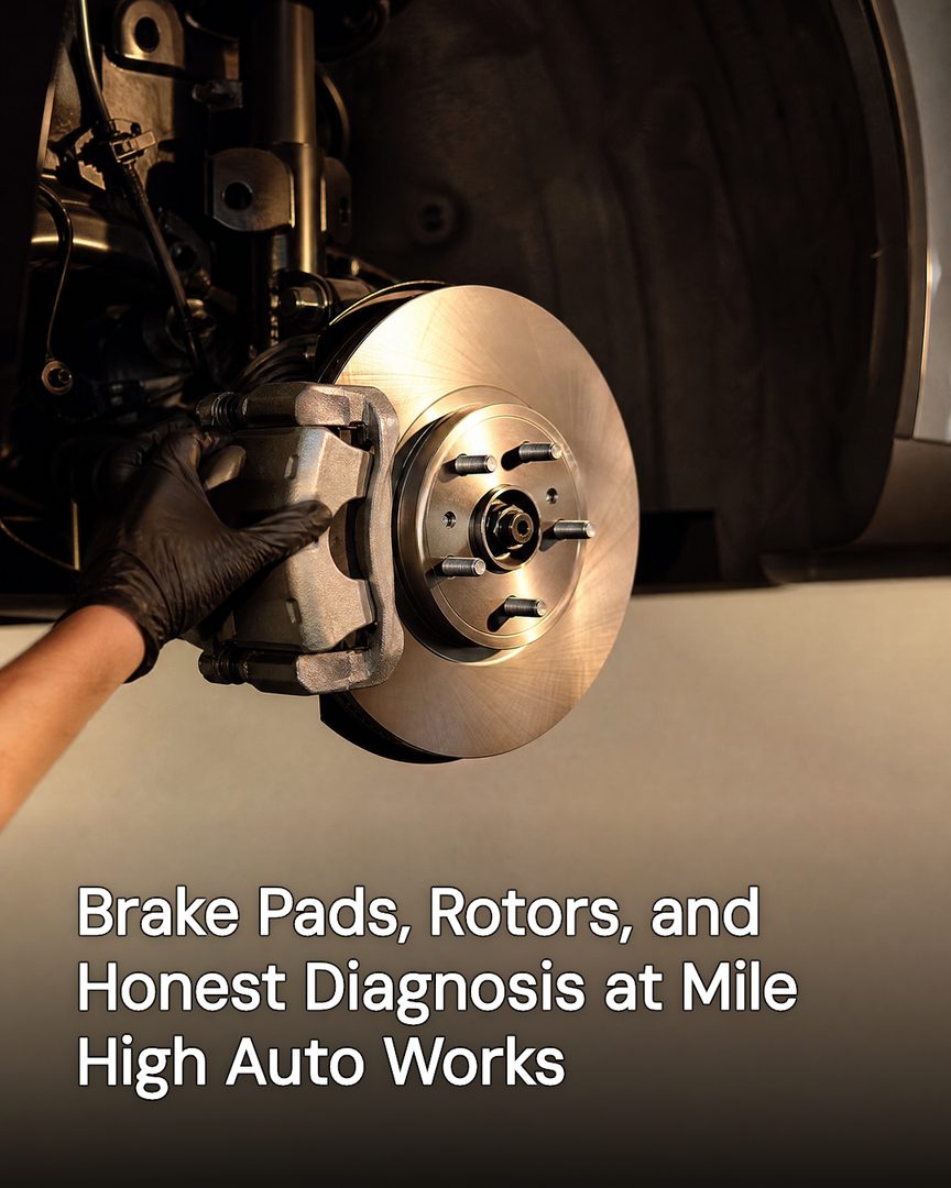 Generated post: gloved hand fitting a new brake rotor on the hub, headline naming Mile High Auto Works baked into the image