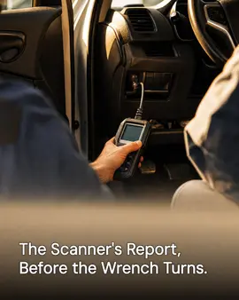Generated post: technician holding an OBD scanner showing live engine data in a car cabin