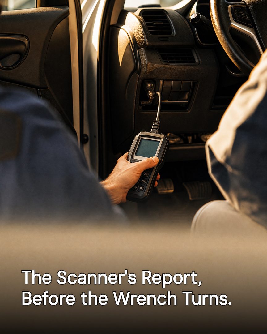 Generated post: technician holding an OBD scanner showing live engine data in a car cabin