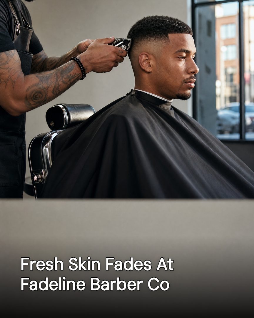 Generated post: barber shaping a skin fade on a client in a leather barber chair
