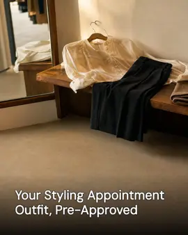 Generated post: a cream blouse and black trousers laid out on a wooden bench beside a fitting-room mirror, headline about a pre-approved styling-appointment outfit baked into the image