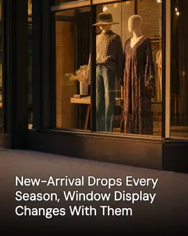 Generated post: a boutique's storefront window display with two faceless mannequins dressed in seasonal outfits, seen from the sidewalk at dusk, headline about new-arrival drops changing the window display every season baked into the image