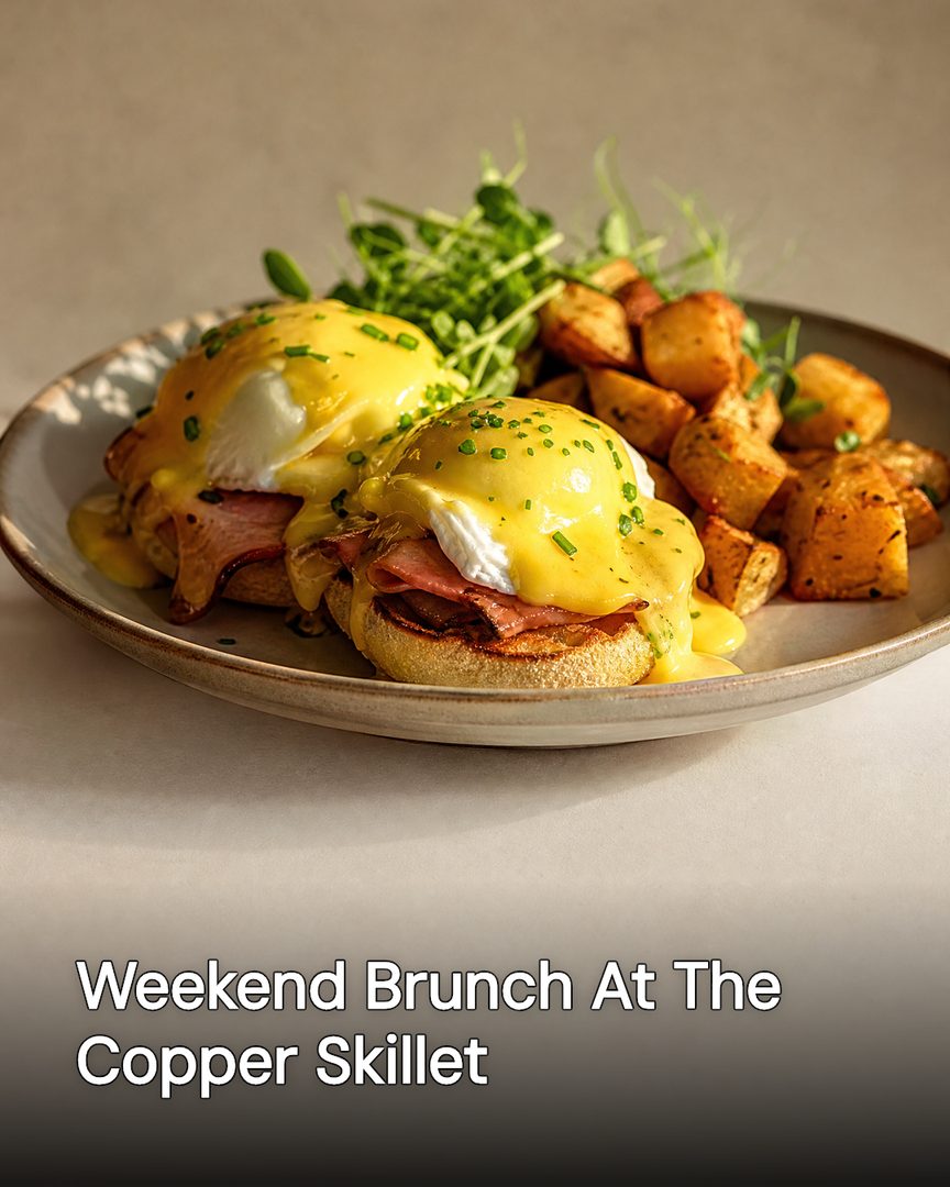Generated post: eggs benedict and breakfast potatoes plated for weekend brunch