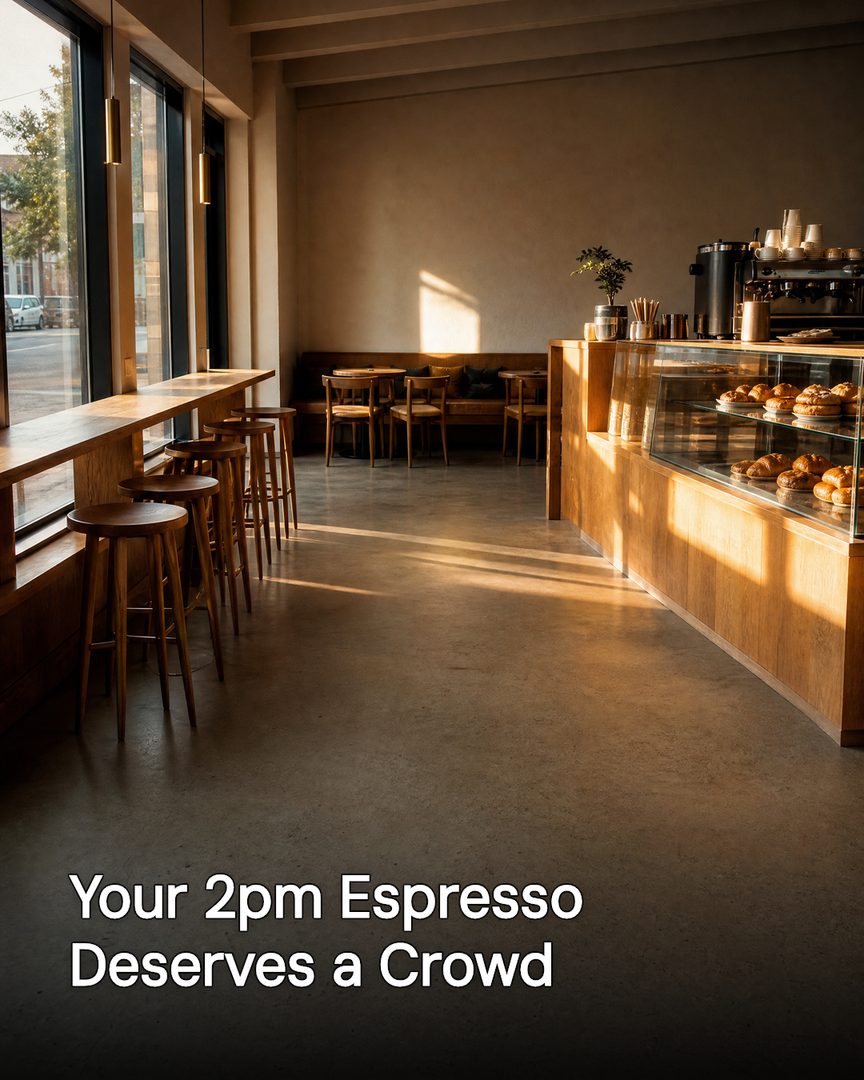 Generated post: warm empty cafe interior in afternoon light with a pastry case, headline about the 2pm espresso crowd baked into the image