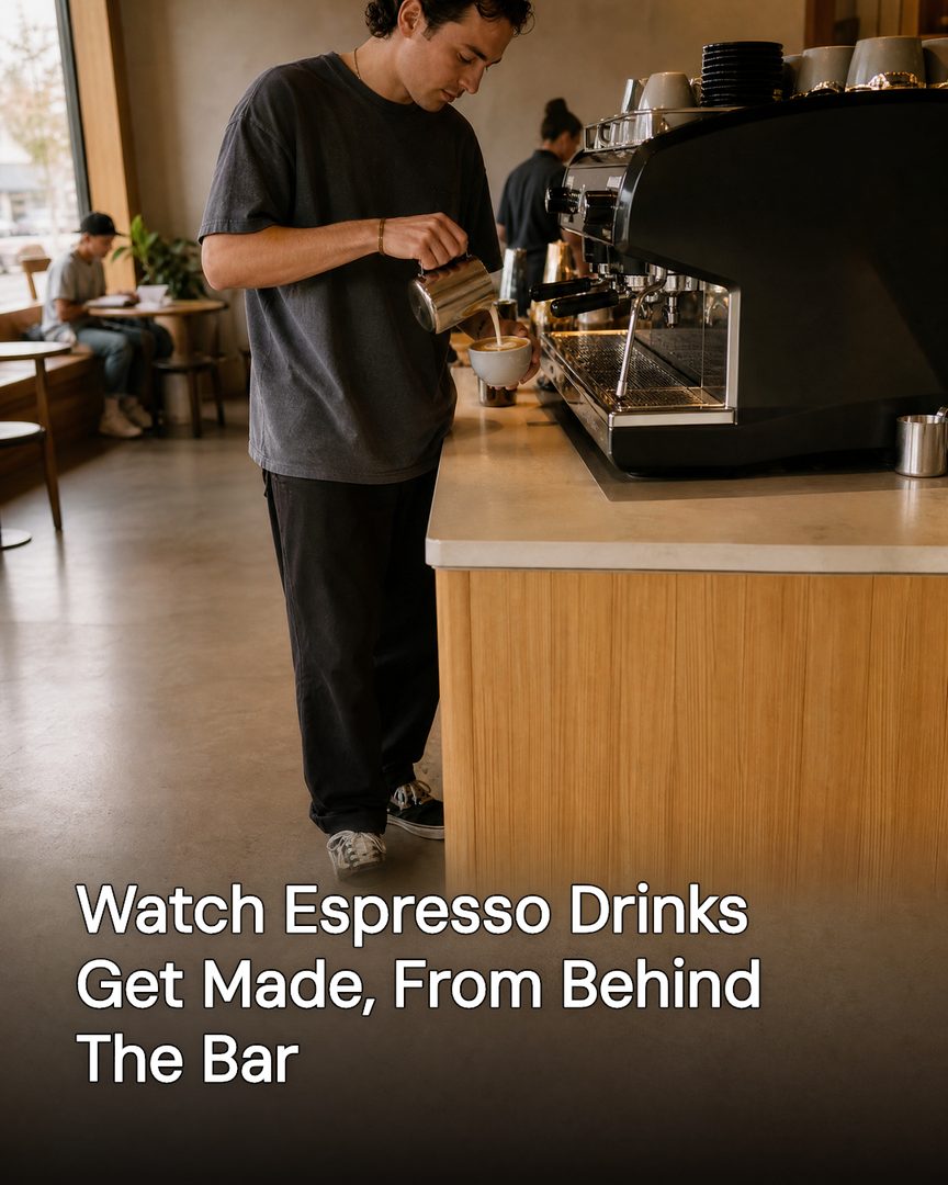 Generated post: barista steaming milk into a cup at the espresso machine, headline about watching espresso drinks get made baked into the image