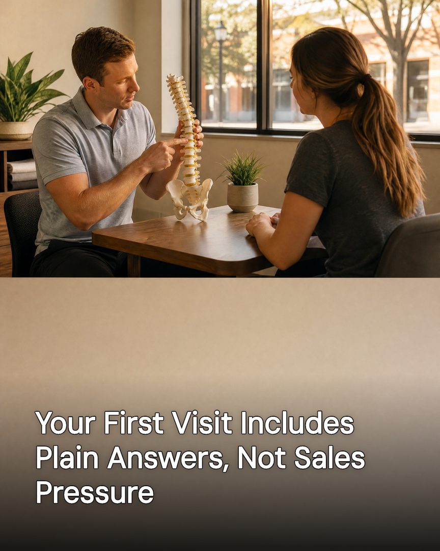 Generated post: chiropractor walking a patient through a spine model at a consultation table, headline about plain answers on the first visit baked into the image