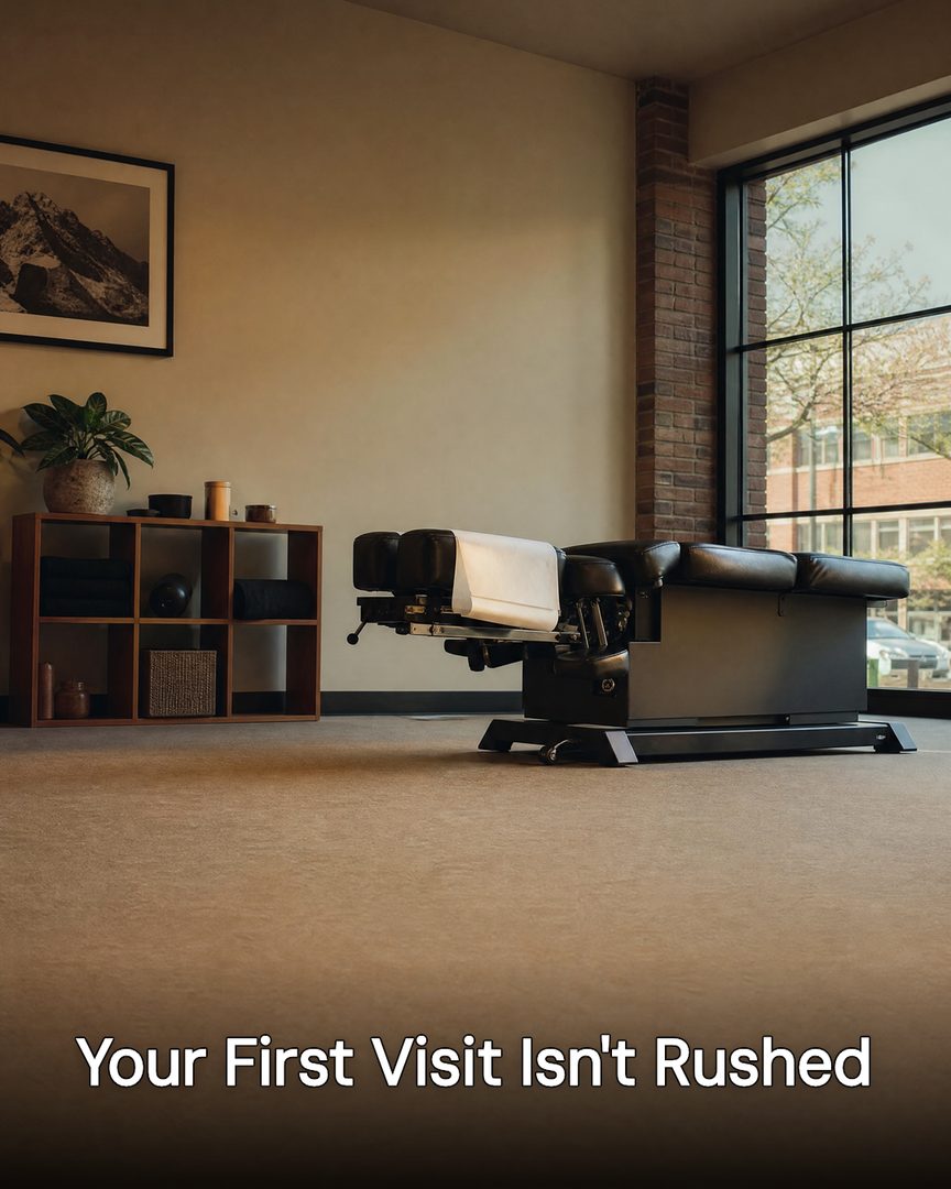 Generated post: calm sunlit treatment room with an empty adjustment table, headline about an unrushed first visit baked into the image