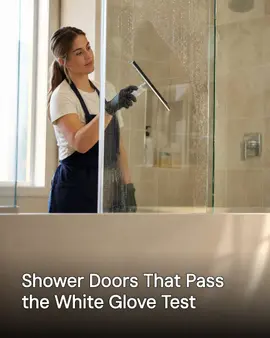 Generated post: cleaner squeegeeing a glass shower door, headline about the white glove test baked into the image