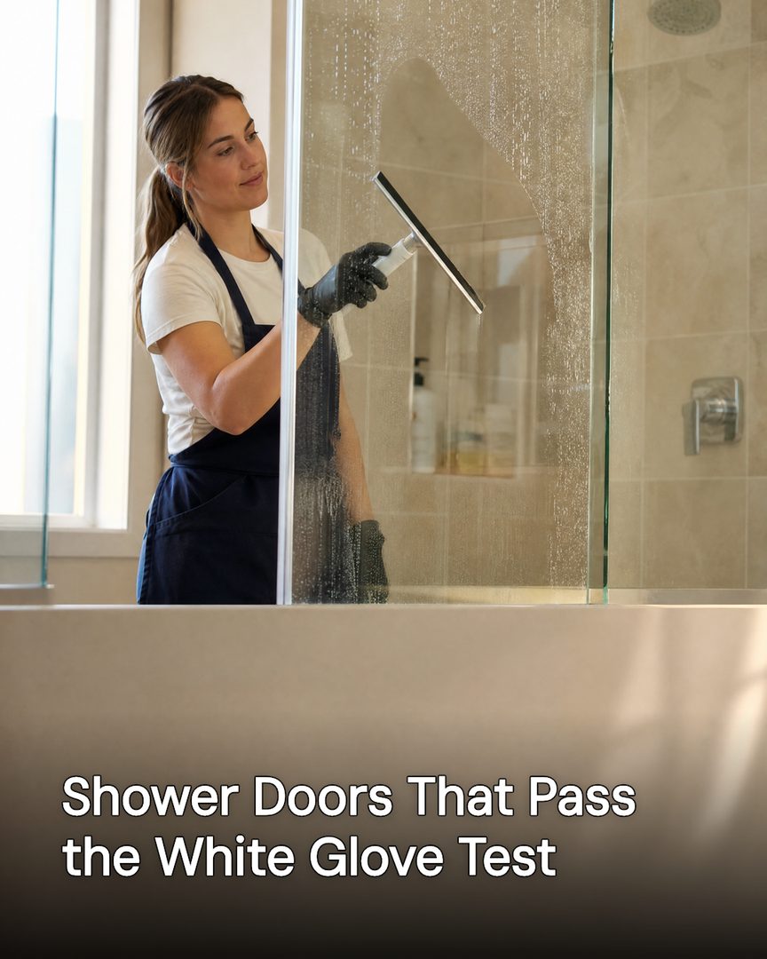 Generated post: cleaner squeegeeing a glass shower door, headline about the white glove test baked into the image