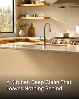 Generated post: sunlit kitchen island and faucet after a deep clean, headline baked into the image