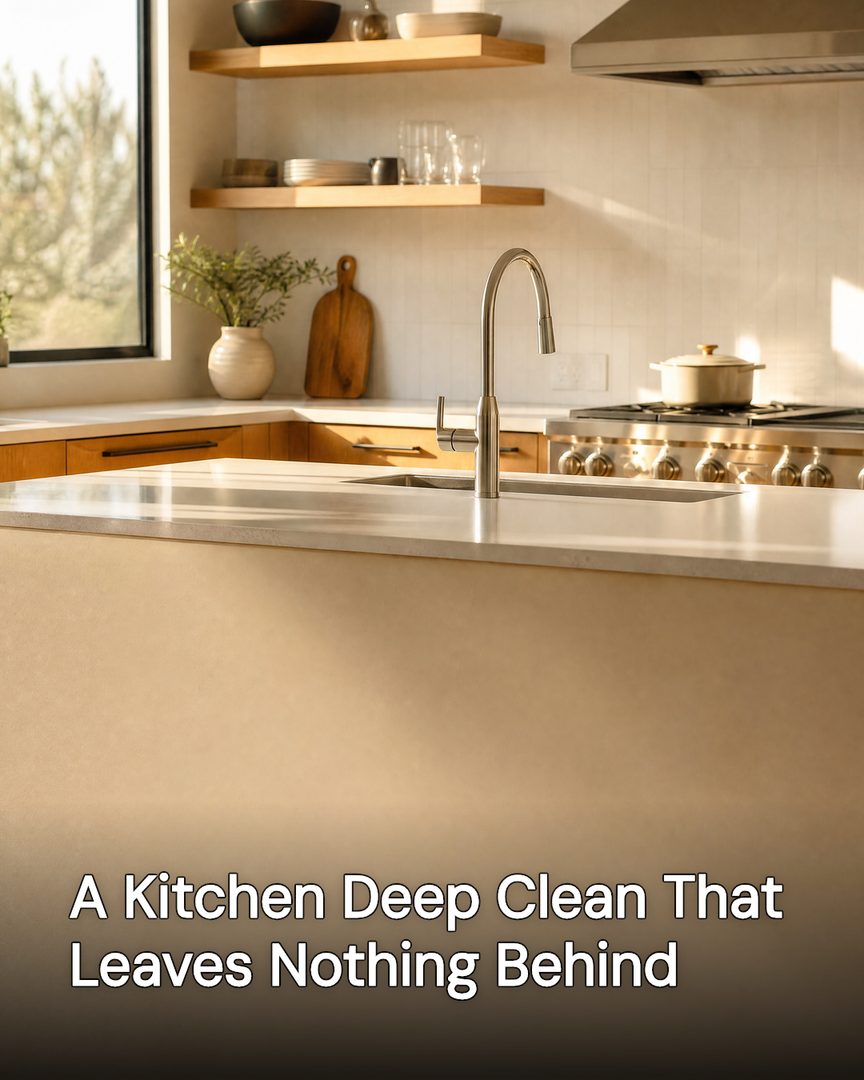 Generated post: sunlit kitchen island and faucet after a deep clean, headline baked into the image