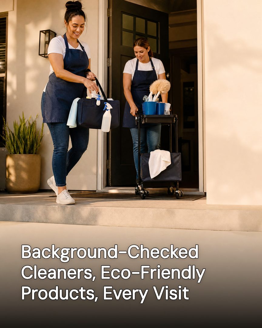 Generated post: two cleaners arriving at a front door with a supply cart