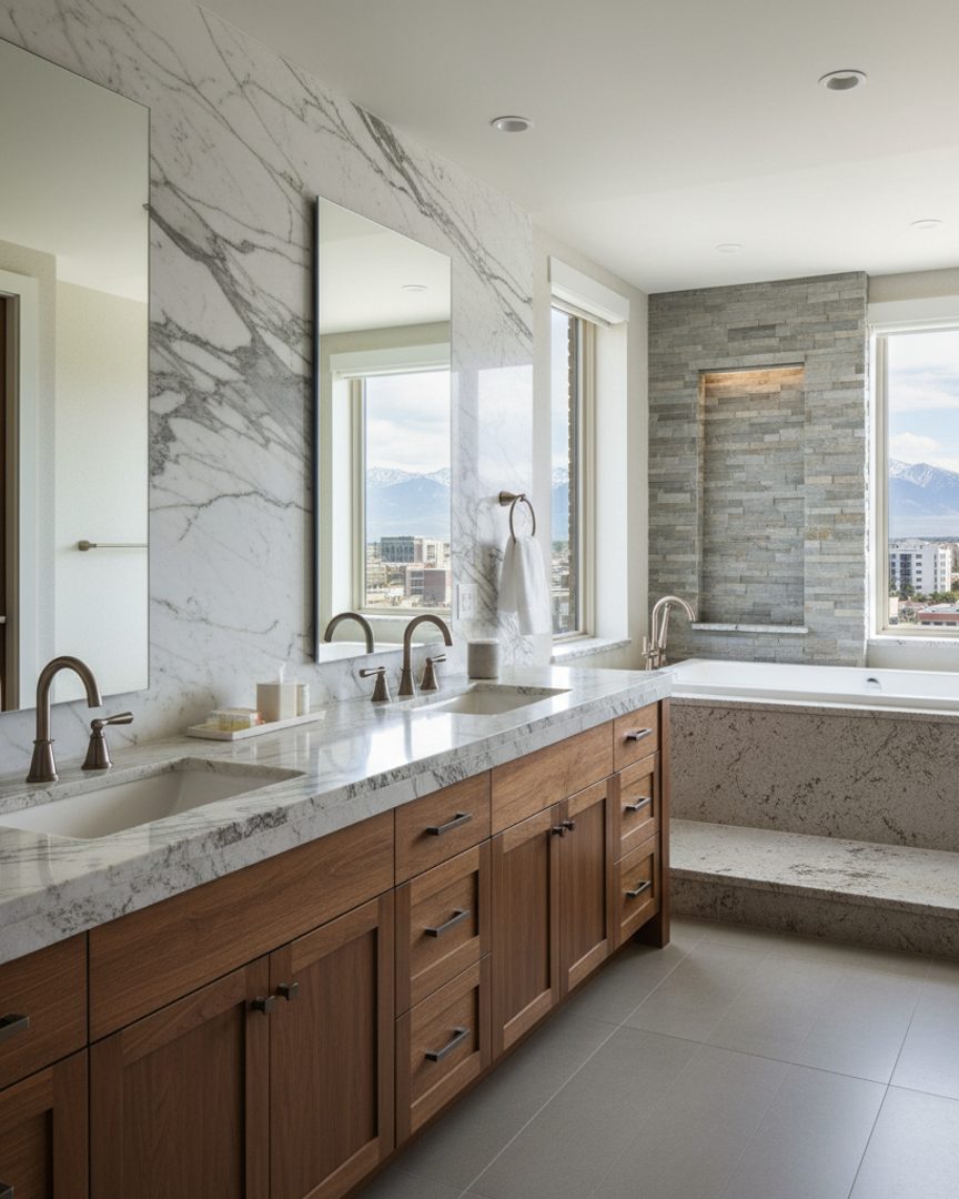 Generated post: double-vanity bathroom with a marble slab wall and quartz counters, mountain views through the windows