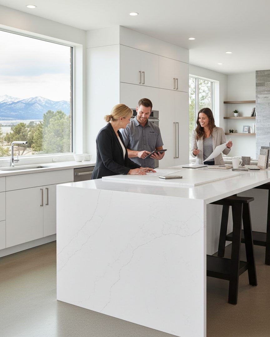 Generated post: fabrication team walking two clients through slab options around a white quartz island
