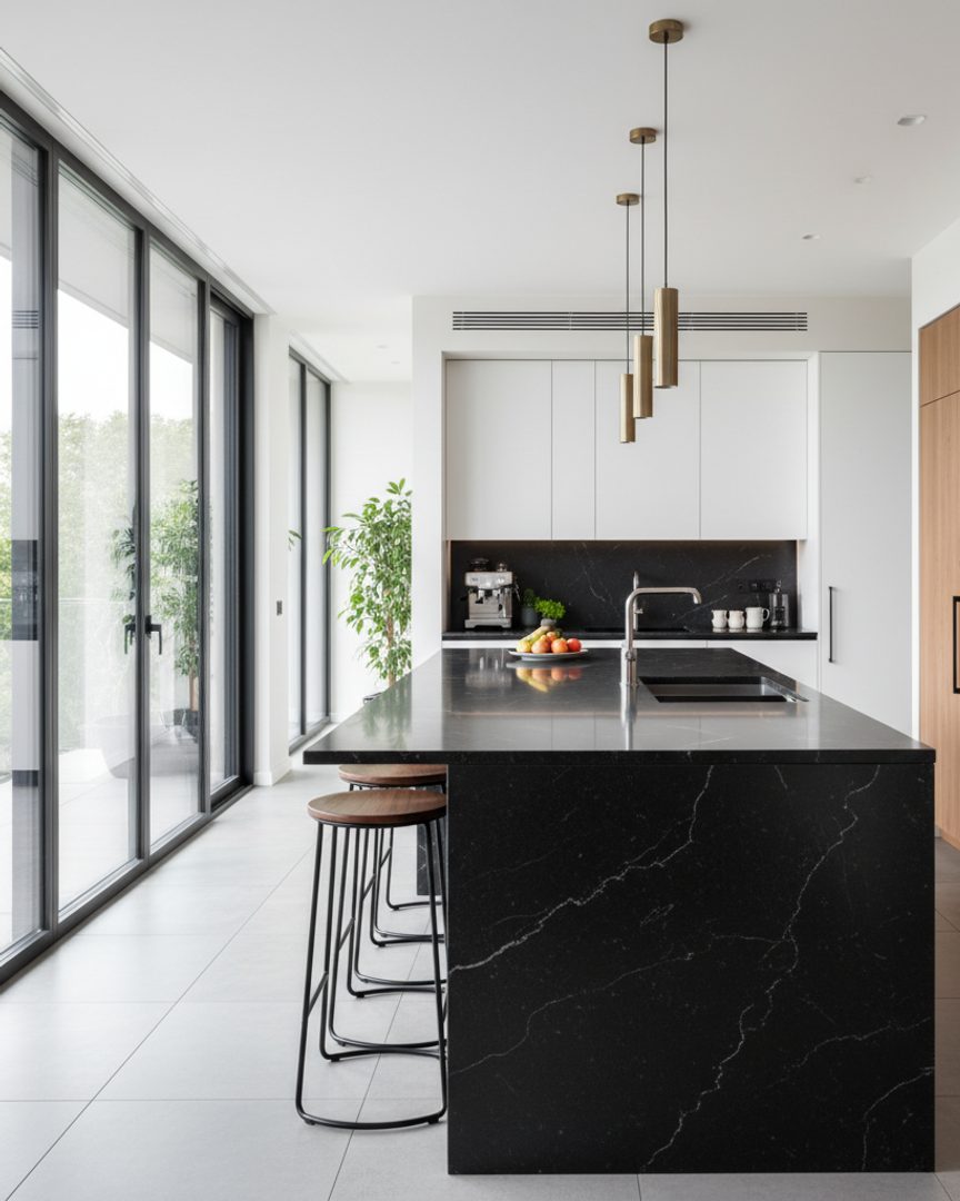 Generated post: black marbled quartz island with a waterfall edge in a modern kitchen