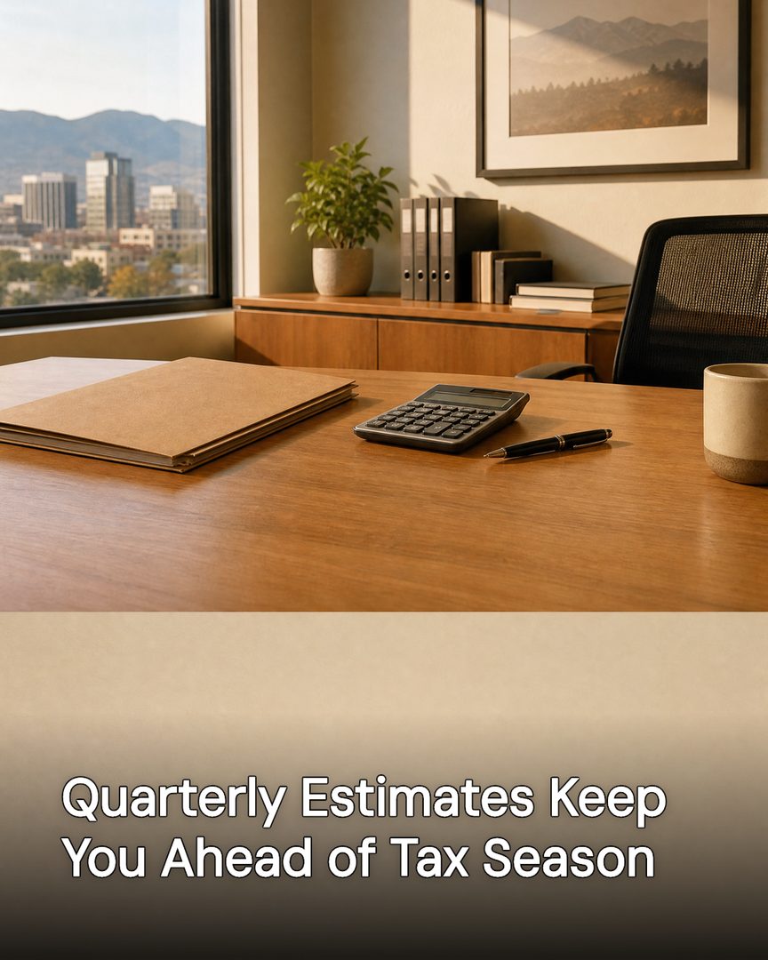 Generated post: tidy accountant's desk with a calculator, folders, and a city view, headline about quarterly estimates baked into the image