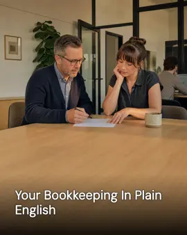 Generated post: accountant walking a client through a single page at a conference table, headline about bookkeeping in plain English baked into the image