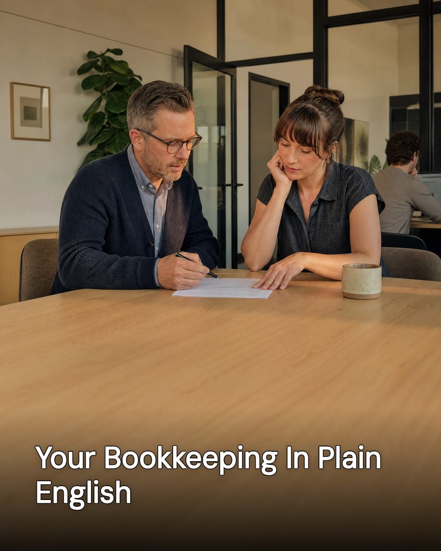 Generated post: accountant walking a client through a single page at a conference table, headline about bookkeeping in plain English baked into the image
