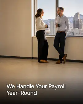 Generated post: two accountants talking over coffee by an office window, headline about year-round payroll baked into the image