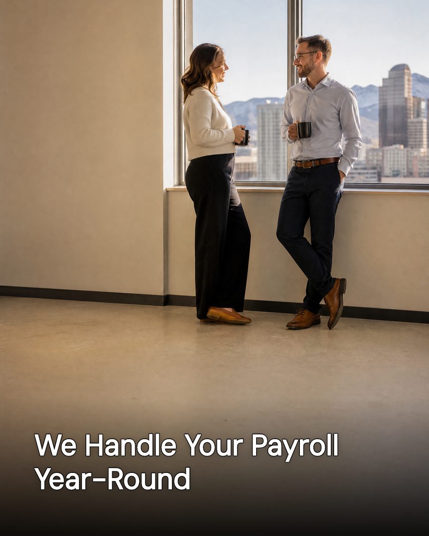 Generated post: two accountants talking over coffee by an office window, headline about year-round payroll baked into the image