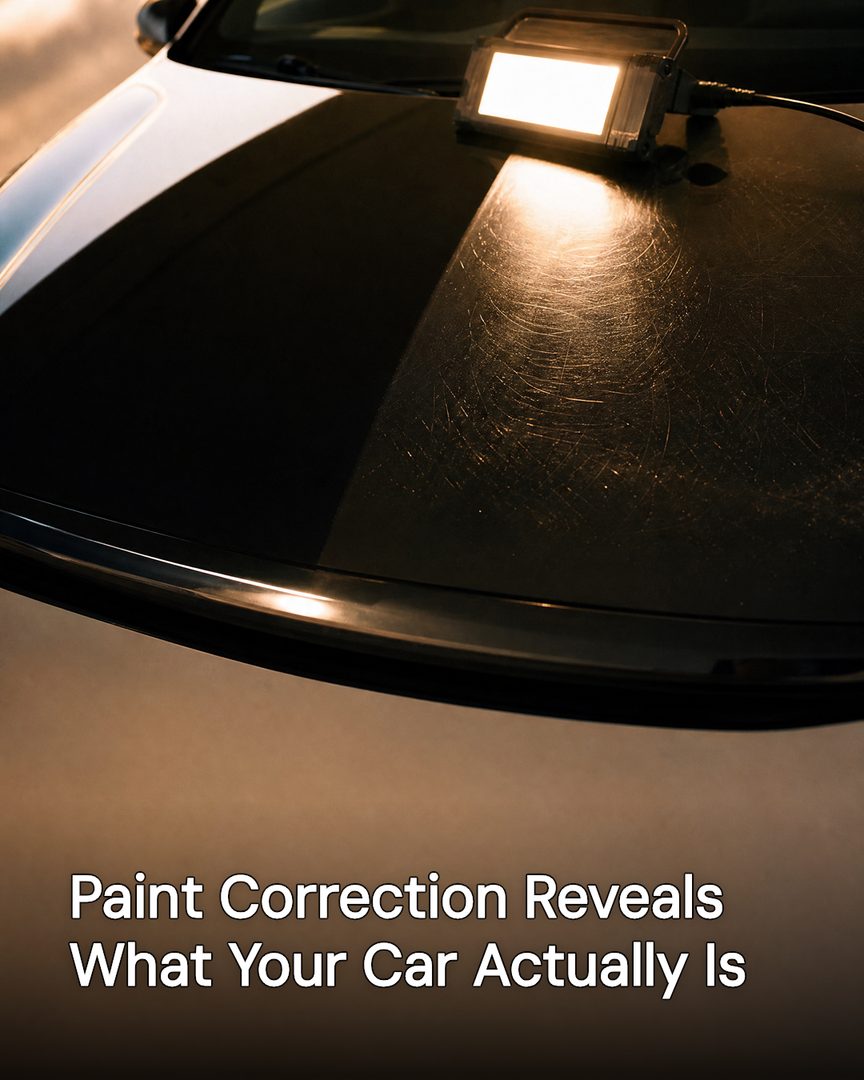 Generated post: work lamp revealing swirl marks on half of a dark car hood, headline about paint correction baked into the image