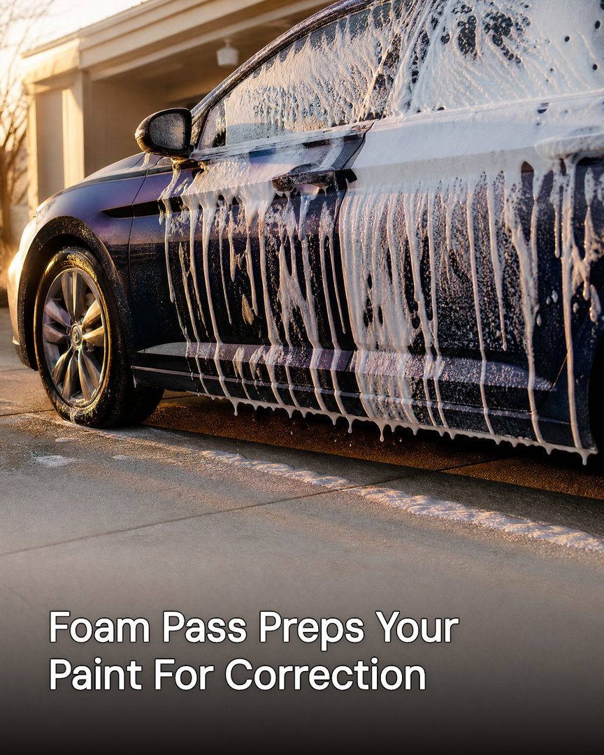 Generated post: sedan covered in thick foam wash in a driveway at sunset, headline about the foam pass prepping paint baked into the image