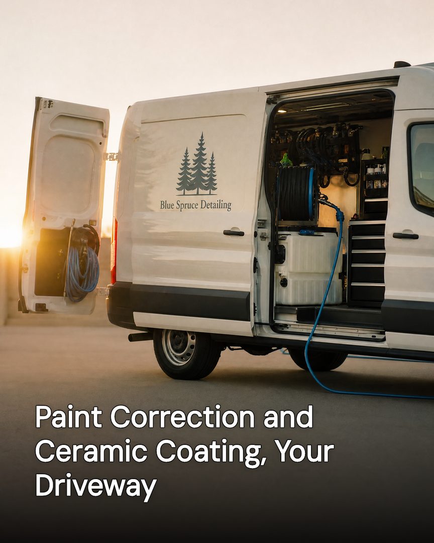Generated post: Blue Spruce Detailing van with doors open showing the self-contained rig, headline about paint correction in your driveway baked into the image