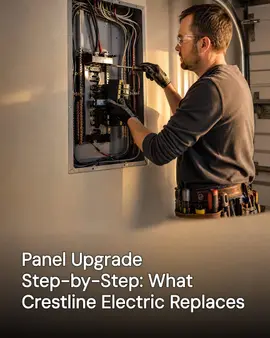 Generated post: electrician tightening breakers in an open panel, headline about a Crestline panel upgrade baked into the image