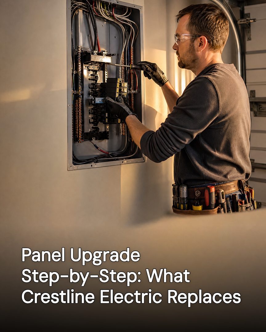 Generated post: electrician tightening breakers in an open panel, headline about a Crestline panel upgrade baked into the image