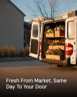 Generated post: the open rear doors of a delivery van showing boxed flower arrangements stacked on shelves inside, headline about fresh-from-market same-day delivery baked into the image