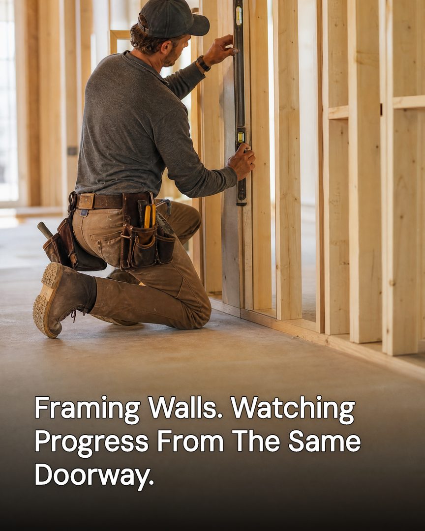 Generated post: carpenter checking a framed wall with a level inside new construction, headline about framing progress baked into the image