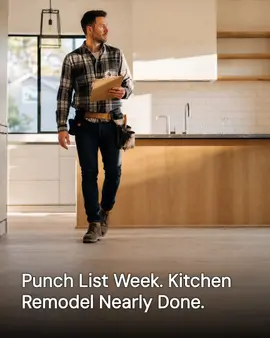Generated post: contractor with a clipboard walking a nearly finished kitchen remodel, headline about punch list week baked into the image