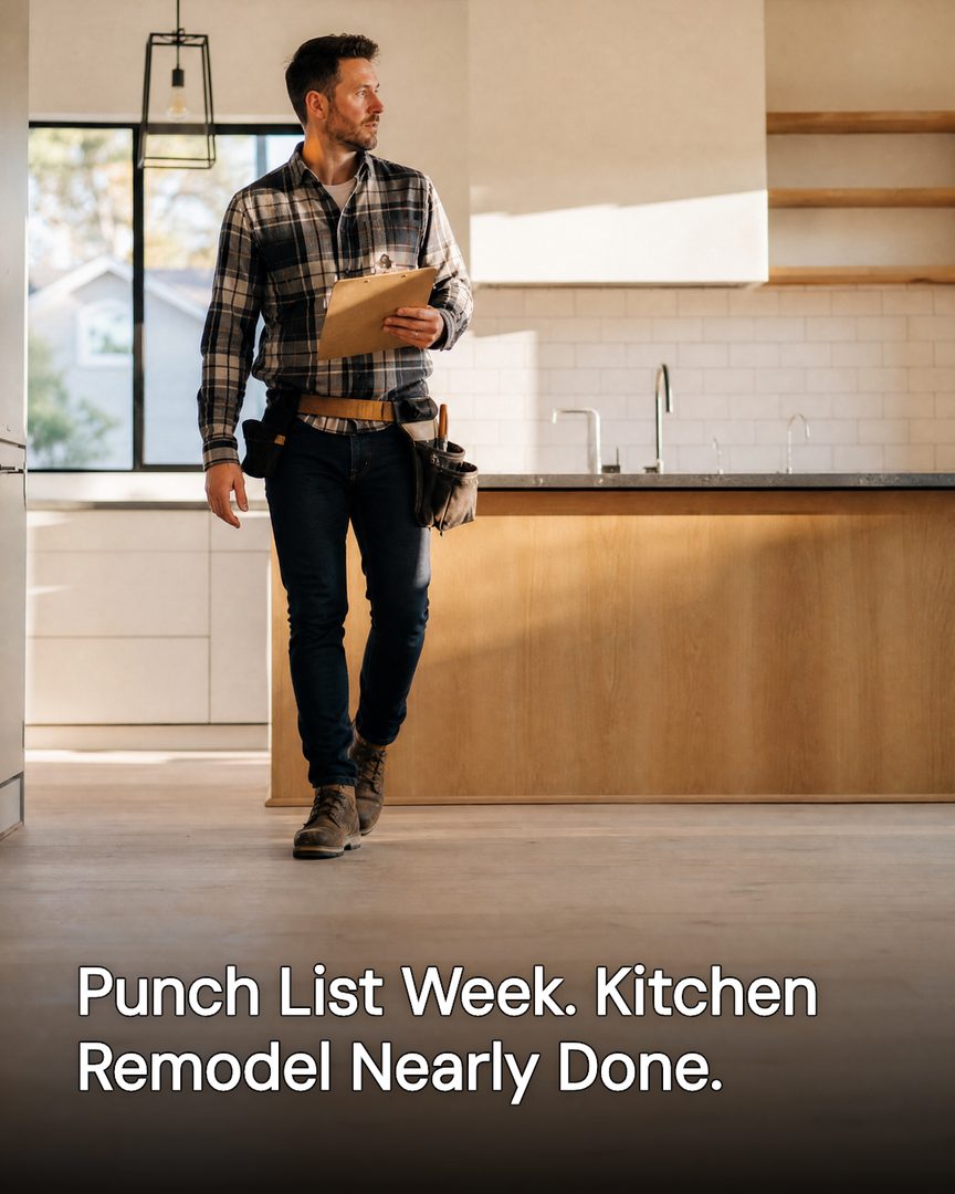 Generated post: contractor with a clipboard walking a nearly finished kitchen remodel, headline about punch list week baked into the image