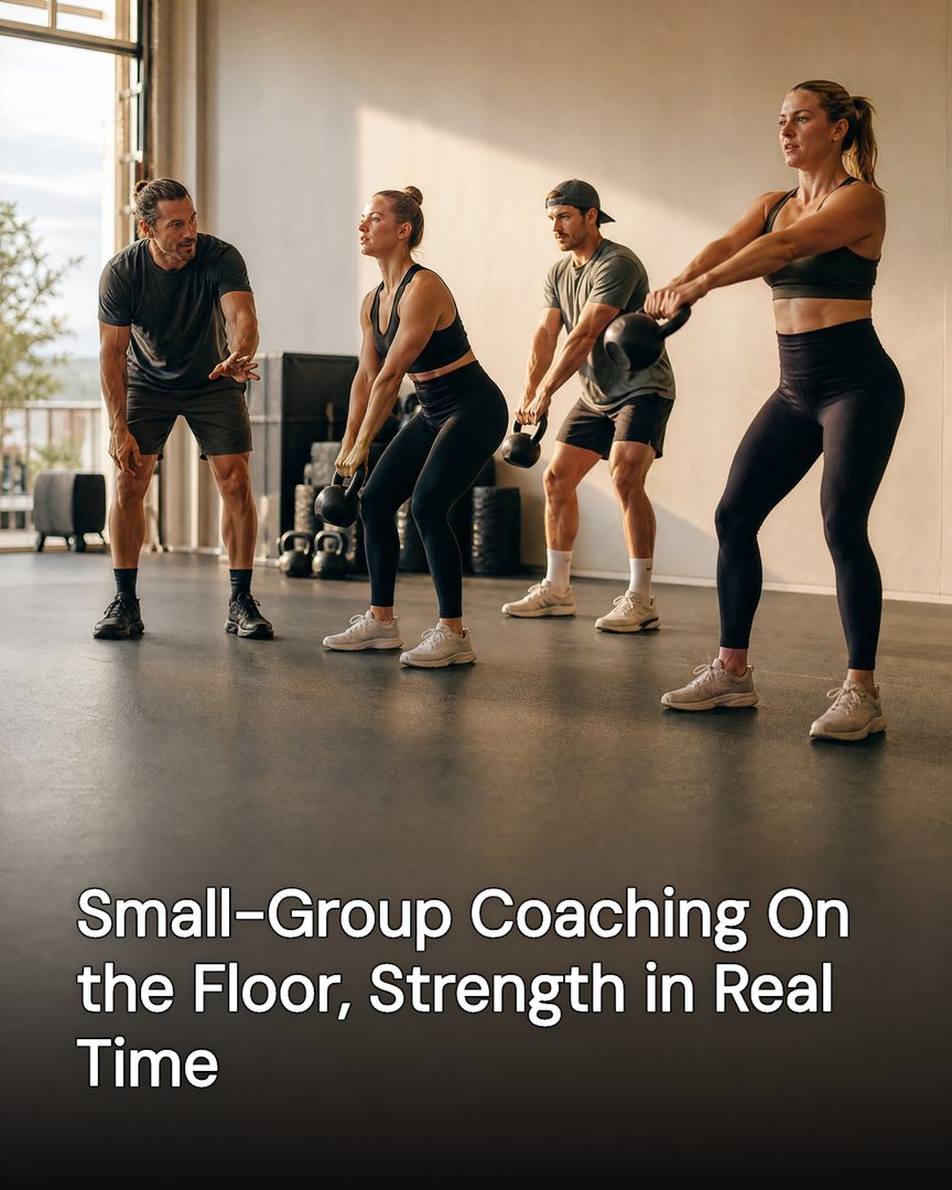 Generated post: small-group kettlebell class mid-swing with a coach watching form