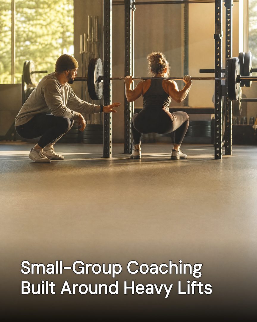 Generated post: coach cueing a lifter mid-squat in a power rack, golden hour light on the gym floor
