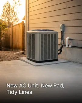 Generated post: a new outdoor AC condenser unit installed on a fresh concrete pad beside a house with neatly wrapped refrigerant lines and the old unit already removed, headline about a new AC unit and pad with tidy lines baked into the image