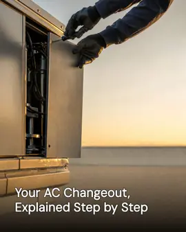 Generated post: a technician's gloved hands opening the access panel on a rooftop package HVAC unit at golden hour, headline about an AC changeout explained step by step baked into the image
