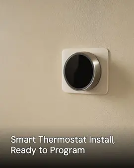 Generated post: a smart thermostat freshly mounted flush on a hallway wall with its screen dark and unlit, headline about a smart thermostat install ready to program baked into the image