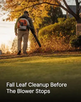 Generated post: the back of one worker in plain work clothing carrying a backpack leaf blower across a residential lawn scattered with fallen autumn leaves, golden-hour light through turning trees, headline about fall leaf cleanup before the blower stops baked into the image