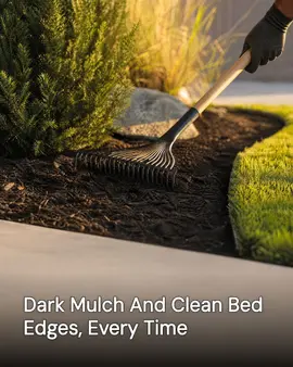 Generated post: a gloved hand raking fresh dark mulch into a crisp, clean-edged garden bed beside a lawn, with a bed of evergreen shrubs and ornamental grasses behind it, headline about dark mulch and clean bed edges every time baked into the image