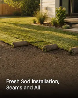 Generated post: fresh sod rolls half unrolled across a freshly prepared residential yard with visible seams and a stack of remaining rolls to the side, a house and landscaped bed in the background, headline about fresh sod installation and visible seams baked into the image