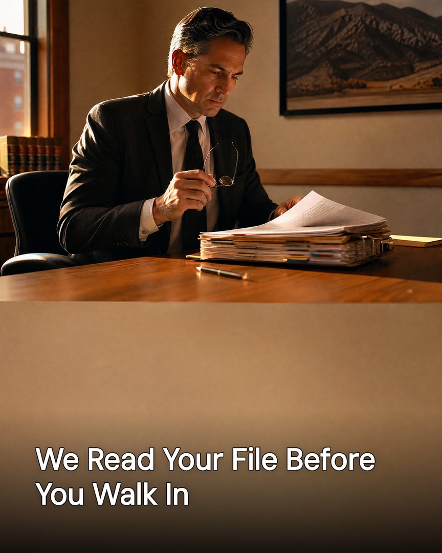 Generated post: attorney reading a client file alone at his desk, headline about reading your file before you walk in baked into the image