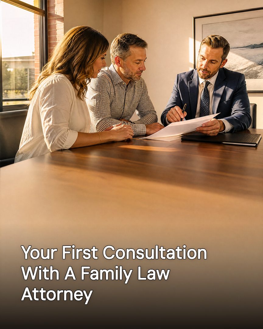 Generated post: attorney walking a couple through paperwork at a conference table, headline about a first family-law consultation baked into the image