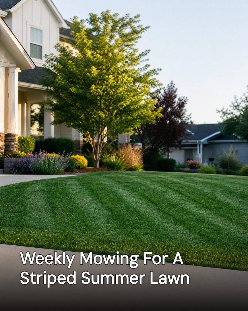 Generated post: freshly mowed front lawn with crisp mowing stripes