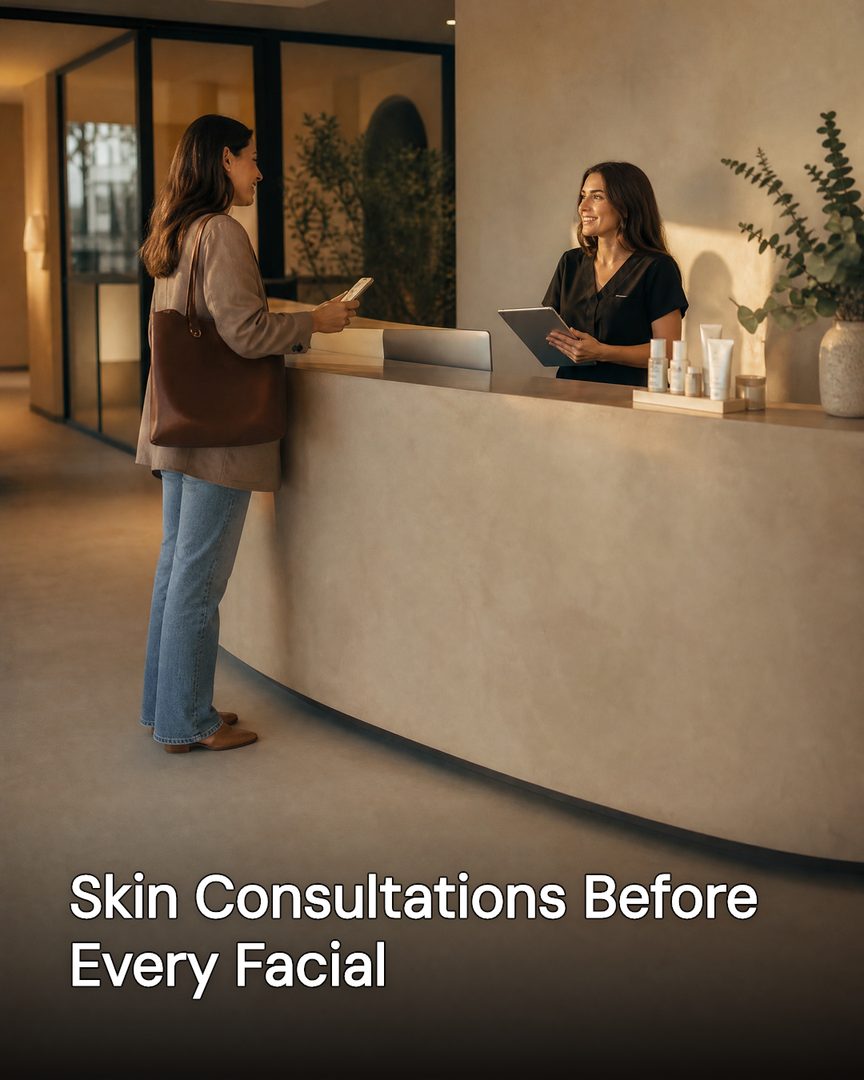 Generated post: client talking with a provider at a med spa front desk, headline about skin consultations baked into the image