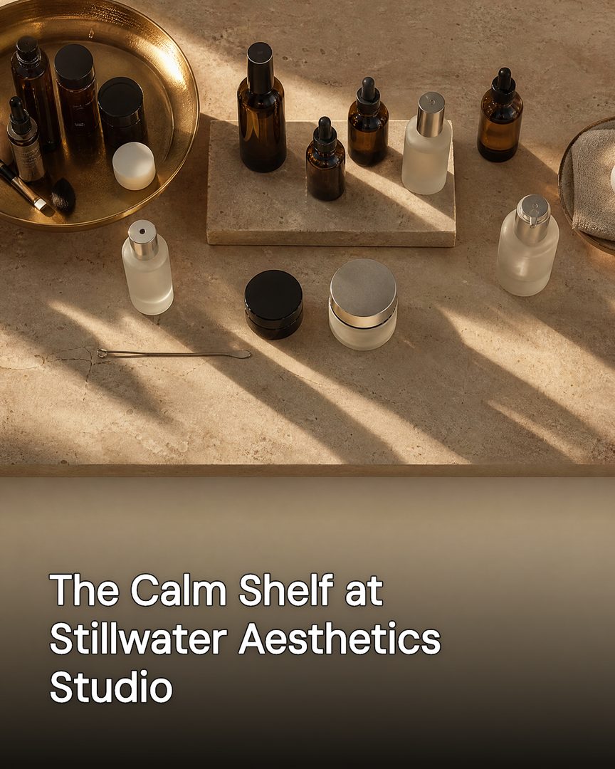 Generated post: skincare bottles and jars arranged on a stone counter in warm light